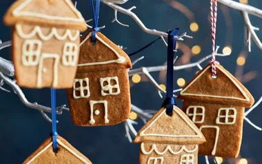 Gingerbread cookies shaped like houses, decorated with white icing, hanging on a white branch with colorful ribbons.