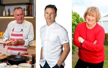 Three chefs: first in kitchen with meat, second in white uniform smiling, third in red sweater standing outside.