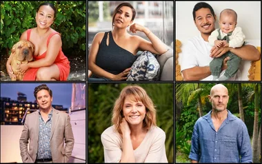 Collage of six people smiling, including a person with a dog and a man holding a baby, set against various backgrounds.