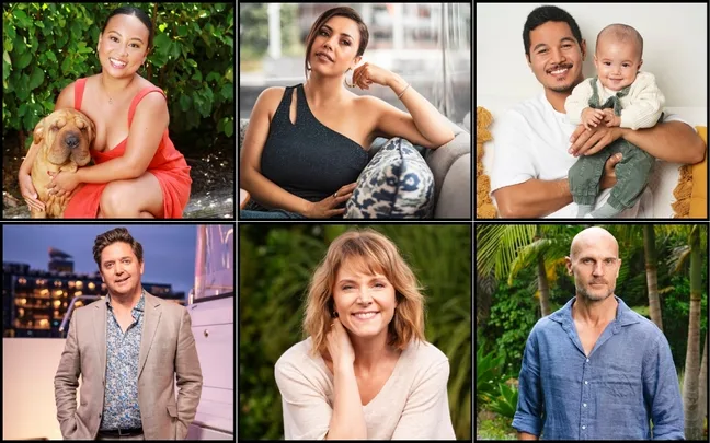Collage of six people smiling, including a person with a dog and a man holding a baby, set against various backgrounds.