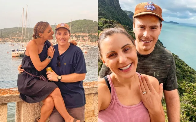 Couple posing happily in scenic outdoor settings; woman shows engagement ring in second image.