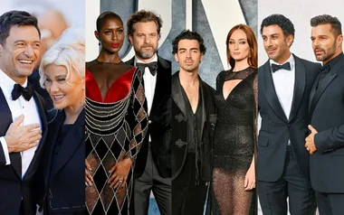 Groups of elegantly dressed individuals posing at a formal event.