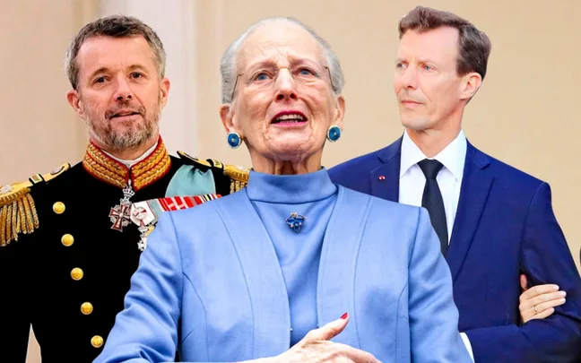 Three people in formal attire; central figure in a blue suit flanked by two men in military and suit.