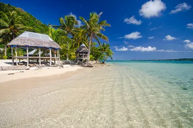 Sandy beach with clear water, palm trees, and thatched huts under a bright blue sky.