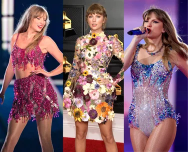 Taylor Swift in three different outfits: a pink sequin dress, floral dress, and sparkling blue leotard on stage.