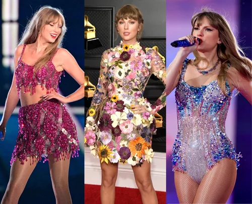 Taylor Swift in three different outfits: a pink sequin dress, floral dress, and sparkling blue leotard on stage.