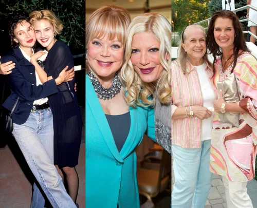 "Three pairs of women, each embracing and smiling, posing for photos outdoors and indoors."