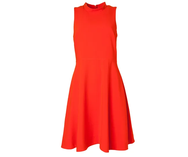 Red sleeveless dress with a flared skirt and high neckline against a white background.