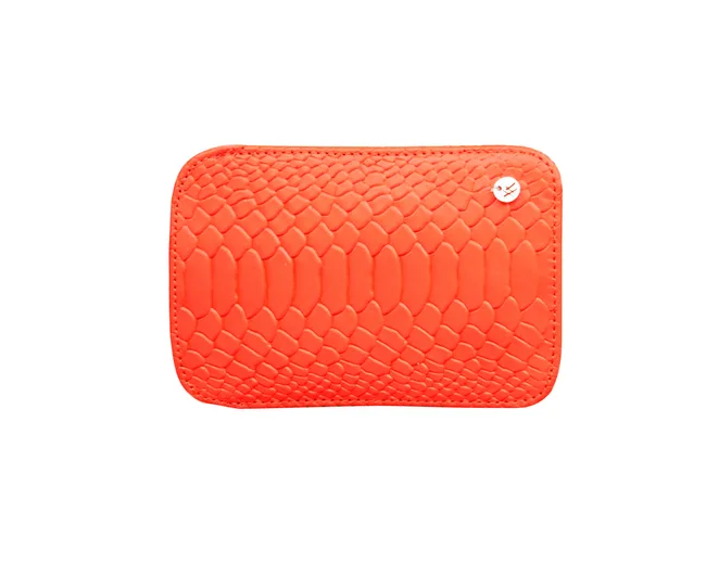Bright orange, crocodile-textured rectangular bag with button detail on the front.
