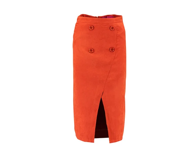 Orange corduroy pencil skirt with four buttons and front slit design.