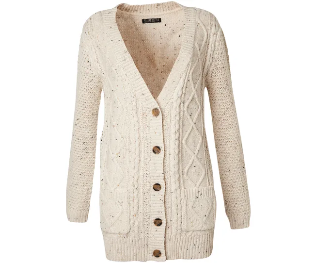 Cream-colored knit cardigan with a cable pattern and wooden buttons.