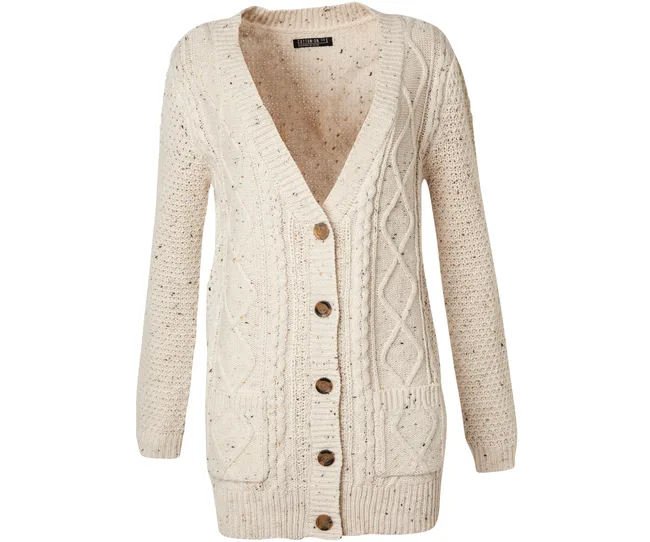 Cream-colored knit cardigan with a cable pattern and wooden buttons.