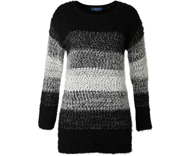 Black and white fuzzy striped sweater with long sleeves.
