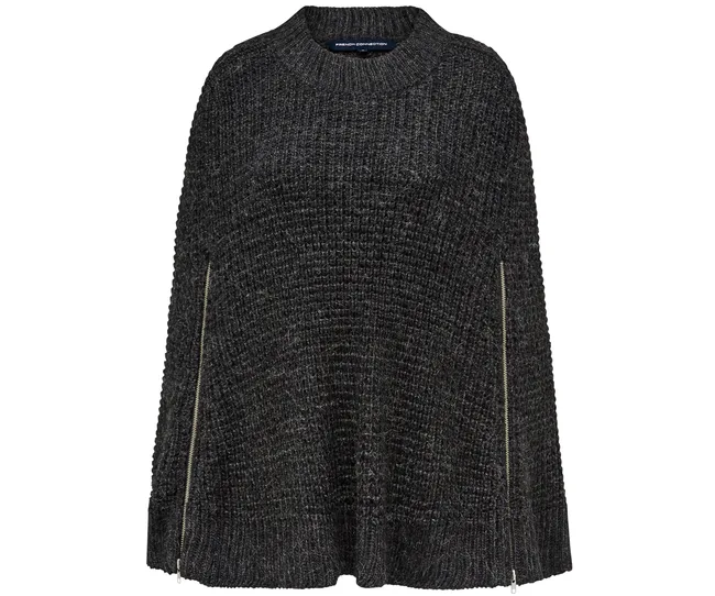 Dark grey knitted sweater with round neck and side zippers.