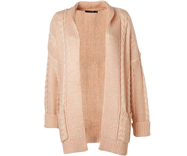 Cream-colored, open-front knit cardigan with cable detailing and long sleeves.