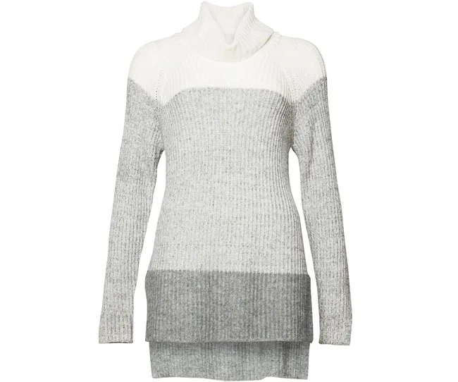 Gray and white ombre knit sweater with a turtleneck.