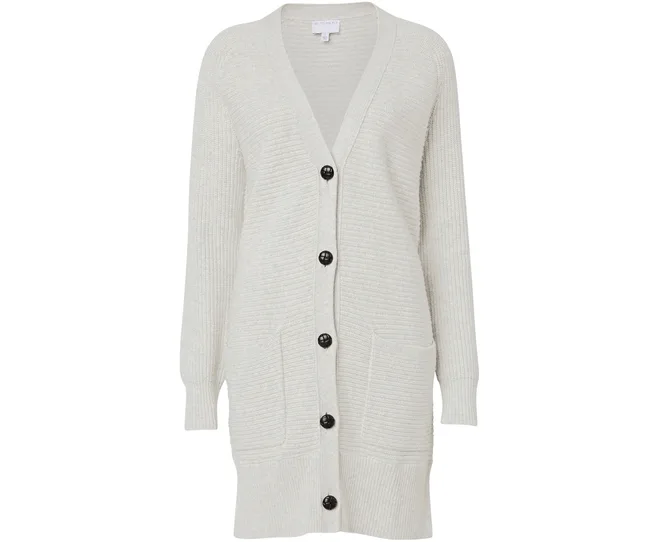 Cream-colored long cardigan with black buttons and front pockets.