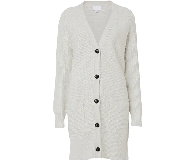 Cream-colored long cardigan with black buttons and front pockets.