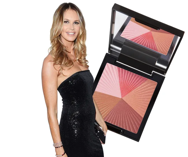 A woman in a strapless black dress stands next to a compact of multi-shade makeup blush.