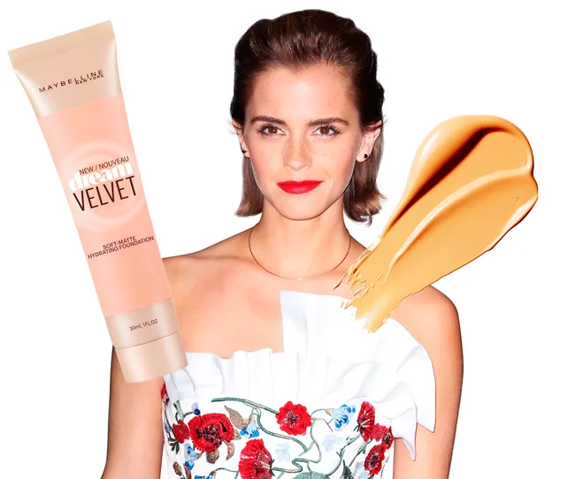 A woman in a floral dress with Maybelline Dream Velvet foundation and a beige makeup swatch next to her.