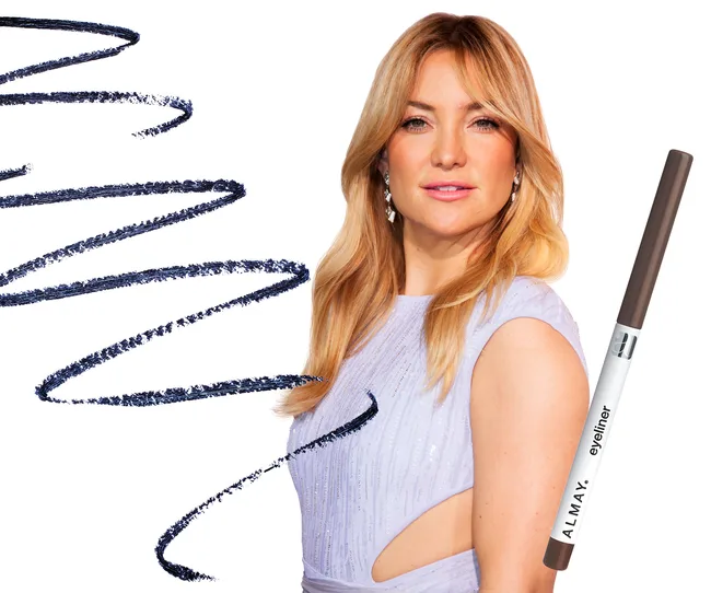 Portrait of a woman with blonde hair, wearing a lavender dress, alongside Almay eyeliner and a makeup swatch curve.