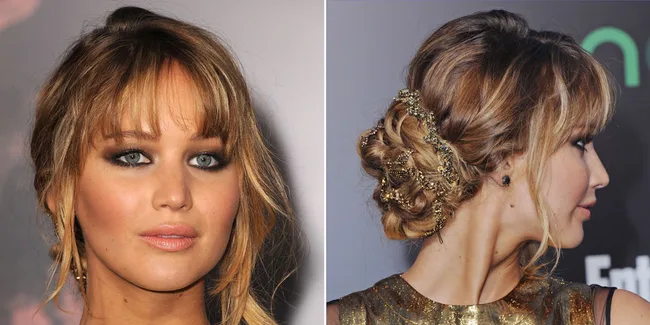 Woman with a glam updo and bangs, wearing gold outfit, shows front and side view of hairstyle.