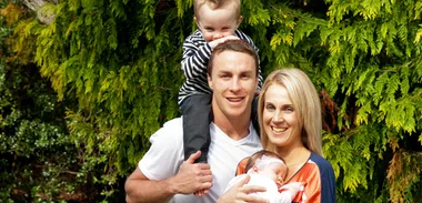 Aussie league star James Maloney with fiancee Jess and children Kade and Layla