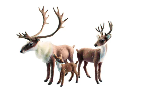 Three plush reindeer figures; two adults and one fawn, against a white background.