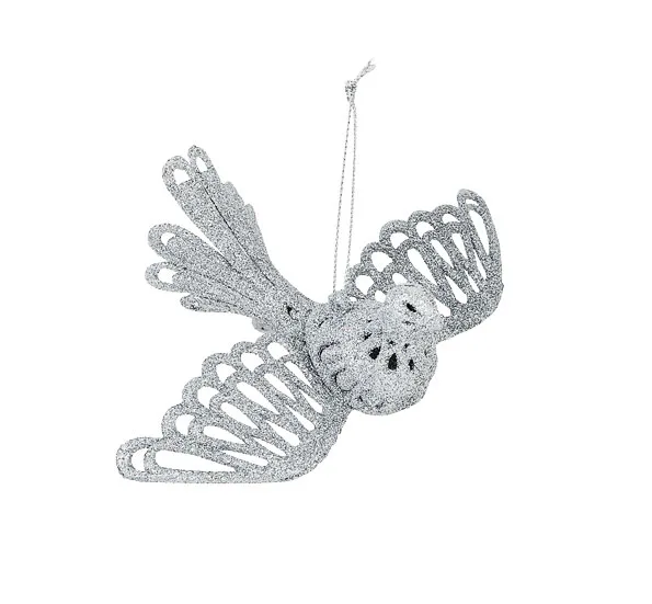 Silver glitter bird ornament with intricate cutout design and a string for hanging.