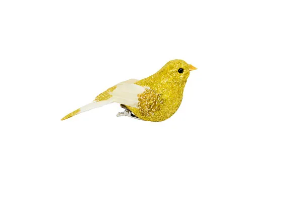 Golden bird Christmas ornament with glitter and white tail on a plain white background.
