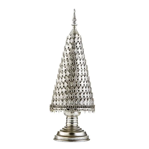 Silver filigree sculpture of a cone-shaped tree with intricate patterns on a round base.