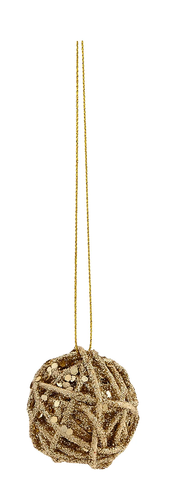 Golden glittery spherical ornament with a twisted design and a hanging loop.