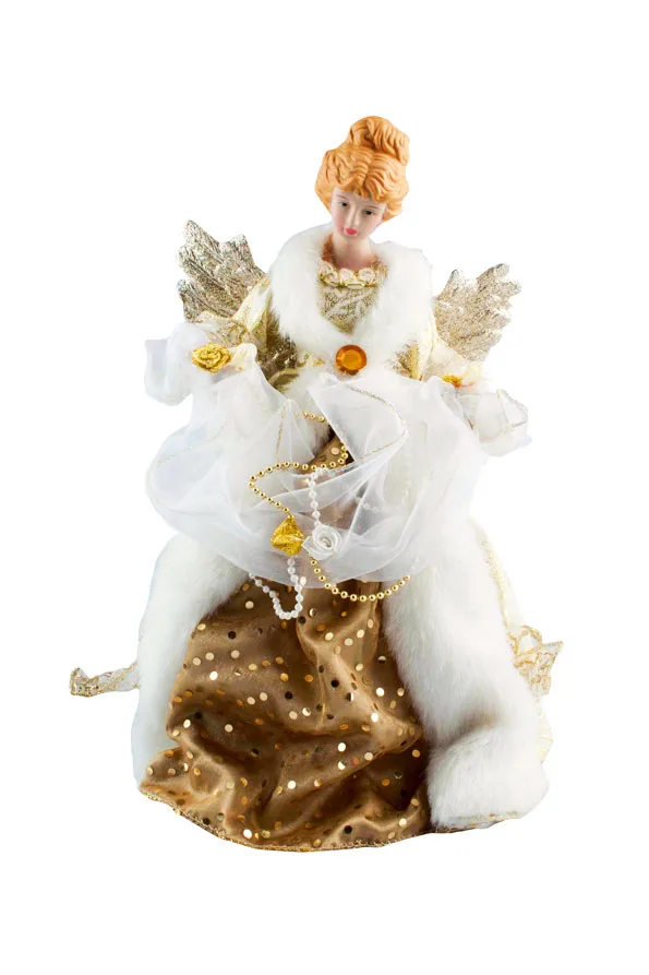 Angel tree topper with golden wings, white and gold dress, holding a pearl and gold beads, set against a white background.