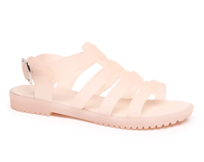 Light pink jelly sandal with multiple straps and a buckle on the side.