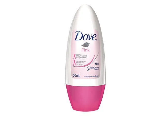 Dove Pink anti-perspirant deodorant roll-on with pink cap, 50ml, supports breast cancer foundation.