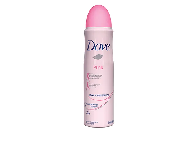Pink Dove deodorant spray can, featuring breast cancer awareness ribbon and "Make a Difference" slogan.