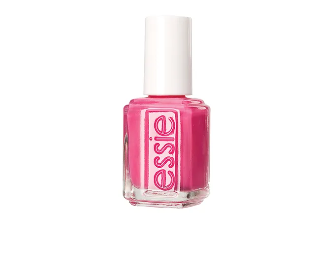 Essie nail polish bottle in bright pink, featuring a white cap and logo on the glass.