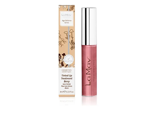 LaMav Tinted Lip Treatment Berry with packaging and product tube on a white background.