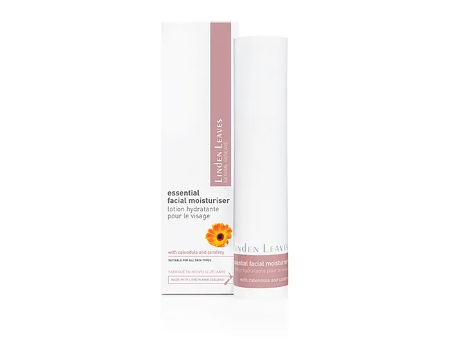 Linden Leaves Essential Facial Moisturiser with calendula and comfrey, bottle and box packaging.