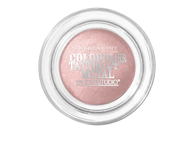 Maybelline Color Tattoo 24HR Metal eyeshadow in a light pink shade, in a glass pot.