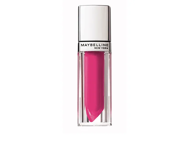 Bright pink Maybelline New York lip gloss in a clear tube with a silver cap.