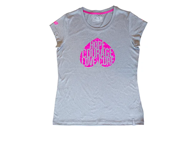 Gray t-shirt with pink heart design featuring words "Hope, Love, Courage, Cure".