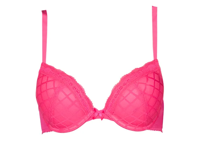Bright pink lace bra with a mesh pattern and decorative bow in the center.