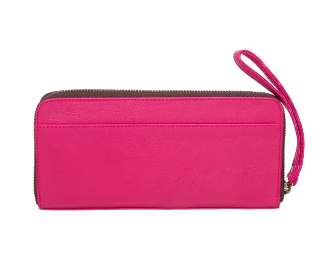 Pink zippered wallet with wrist strap against a white background.
