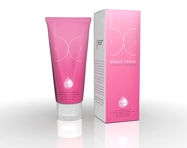 Pink tube and box of breast cream by CoppaFeel! with a breast cancer awareness design.