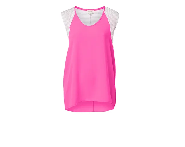 Pink sleeveless top with white striped shoulders on a white background.