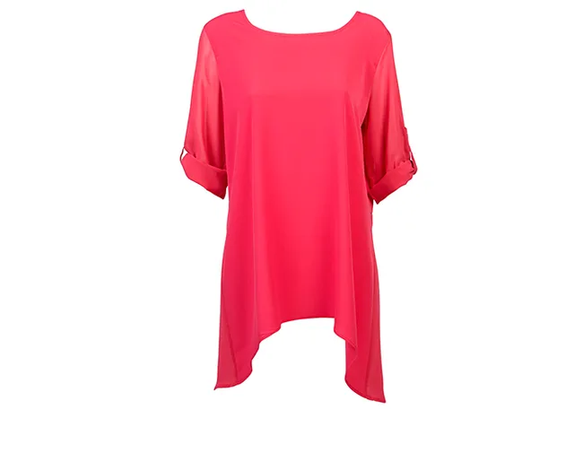 Bright pink, loose-fitting blouse with rolled sleeves, displayed on a white background.