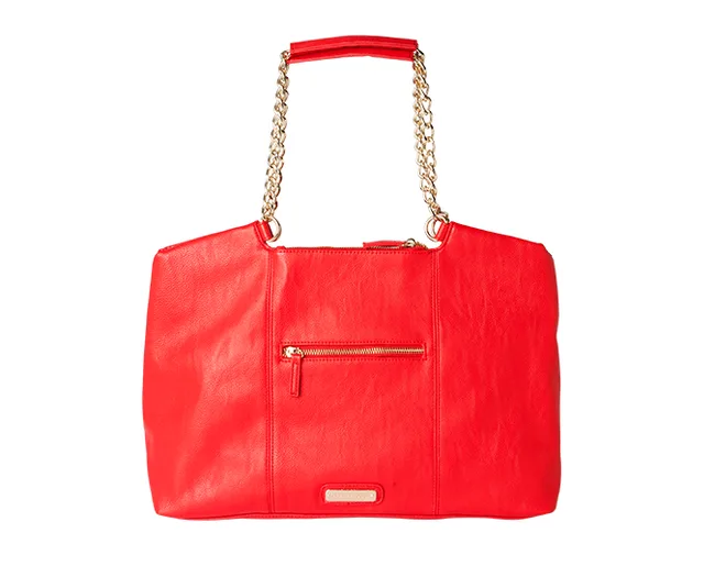 Red leather handbag with a front zipper pocket and gold chain handles.
