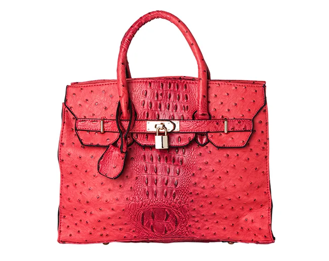 Red leather handbag with a textured ostrich pattern, top handles, and a gold lock closure.