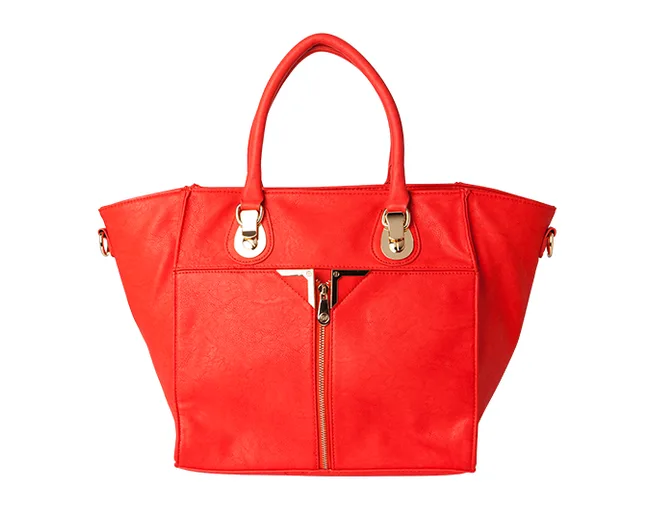 Red handbag with gold hardware, featuring a front zipper pocket and two handles.